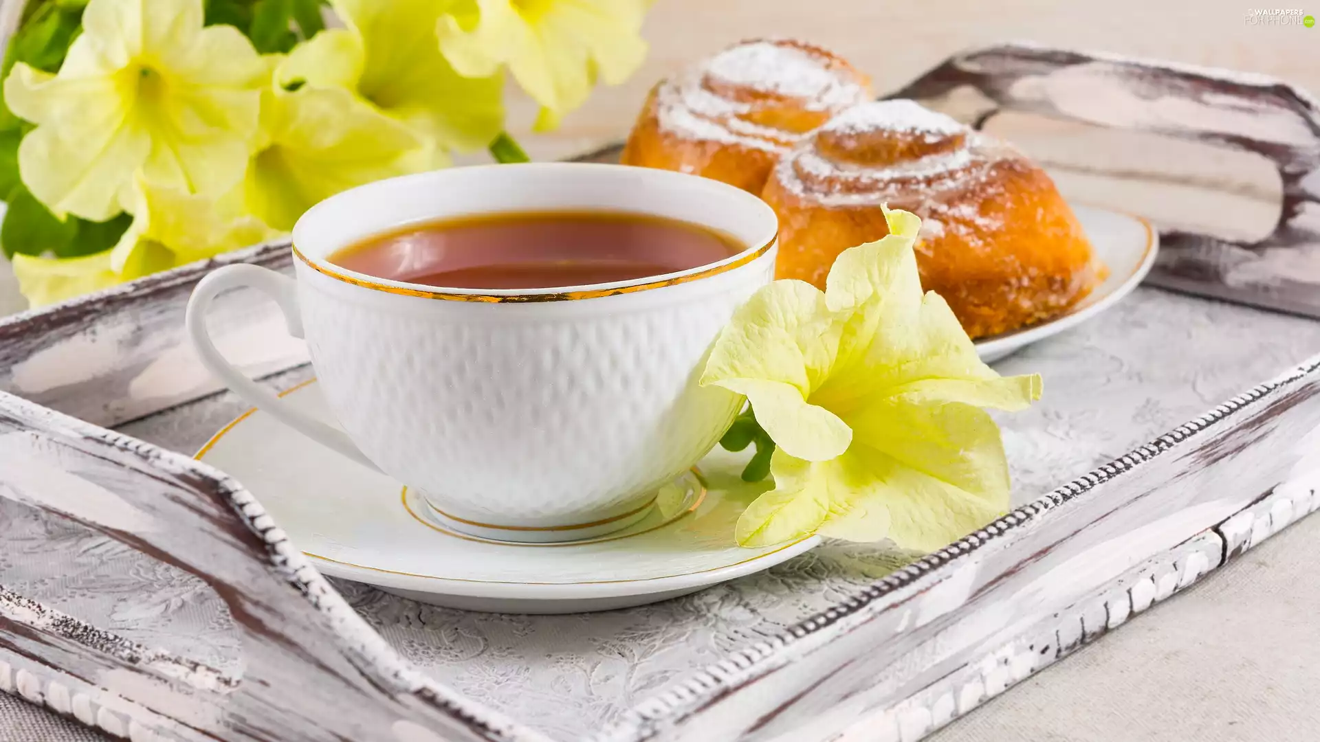 cup, plate, Flowers, Buns, Yellow, White, tea, Tray