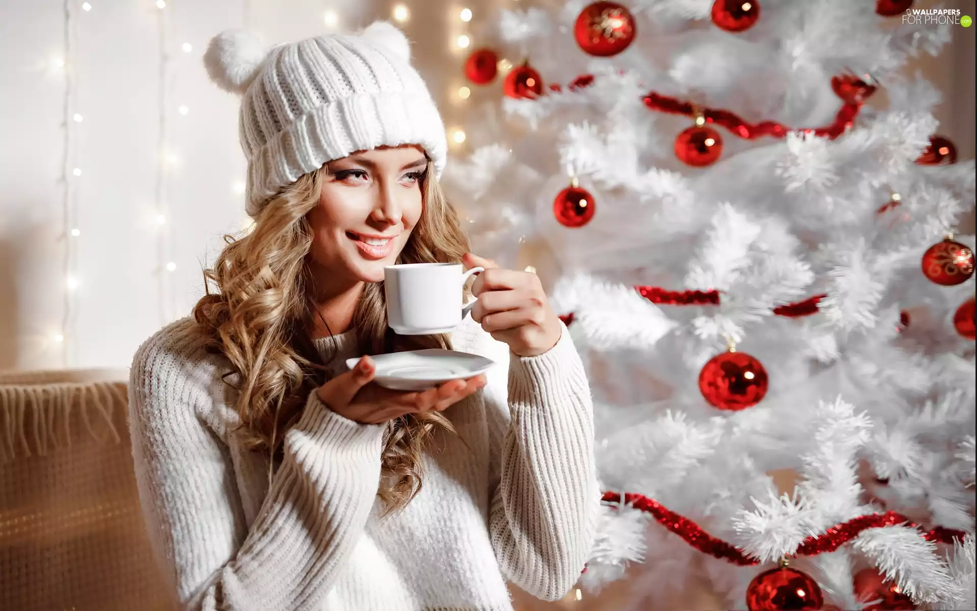 cup, White, christmas tree, Hat, girl