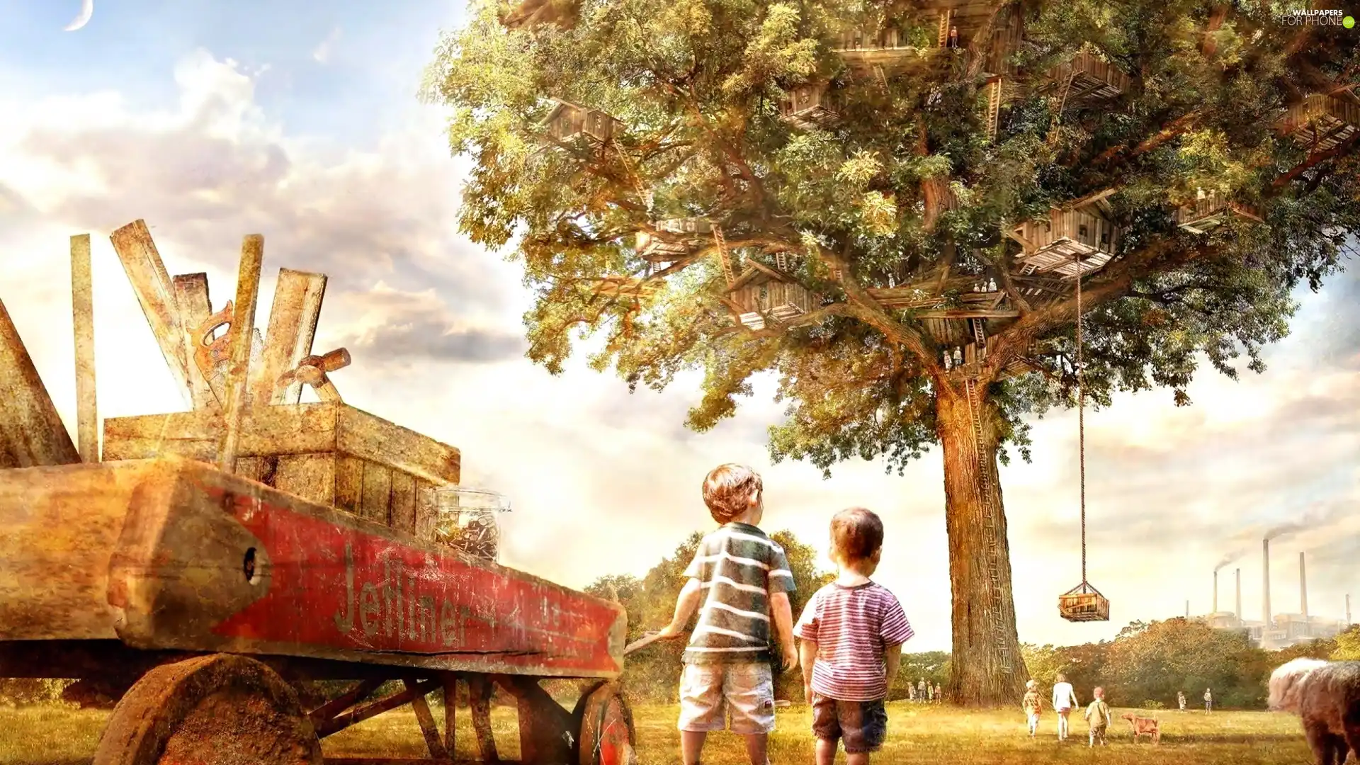 Kids, an, tree, Houses
