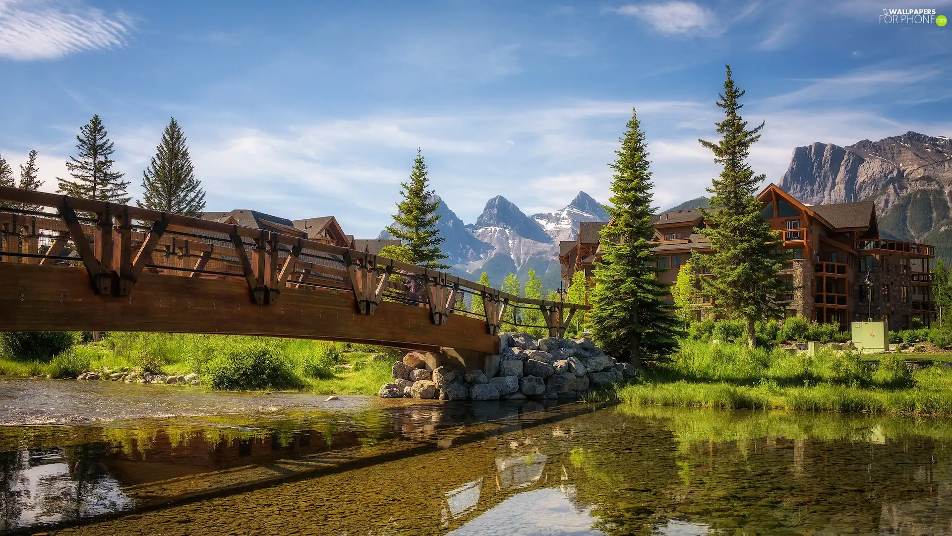 Province of Alberta, Canada, Canmore, rocky mountains, house, bridge, trees, viewes, River