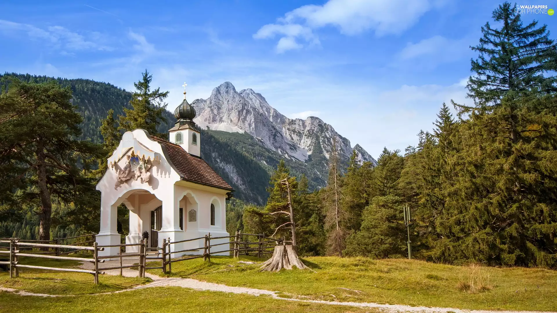 viewes, forest, chapel, trees, Mountains, Church, fence