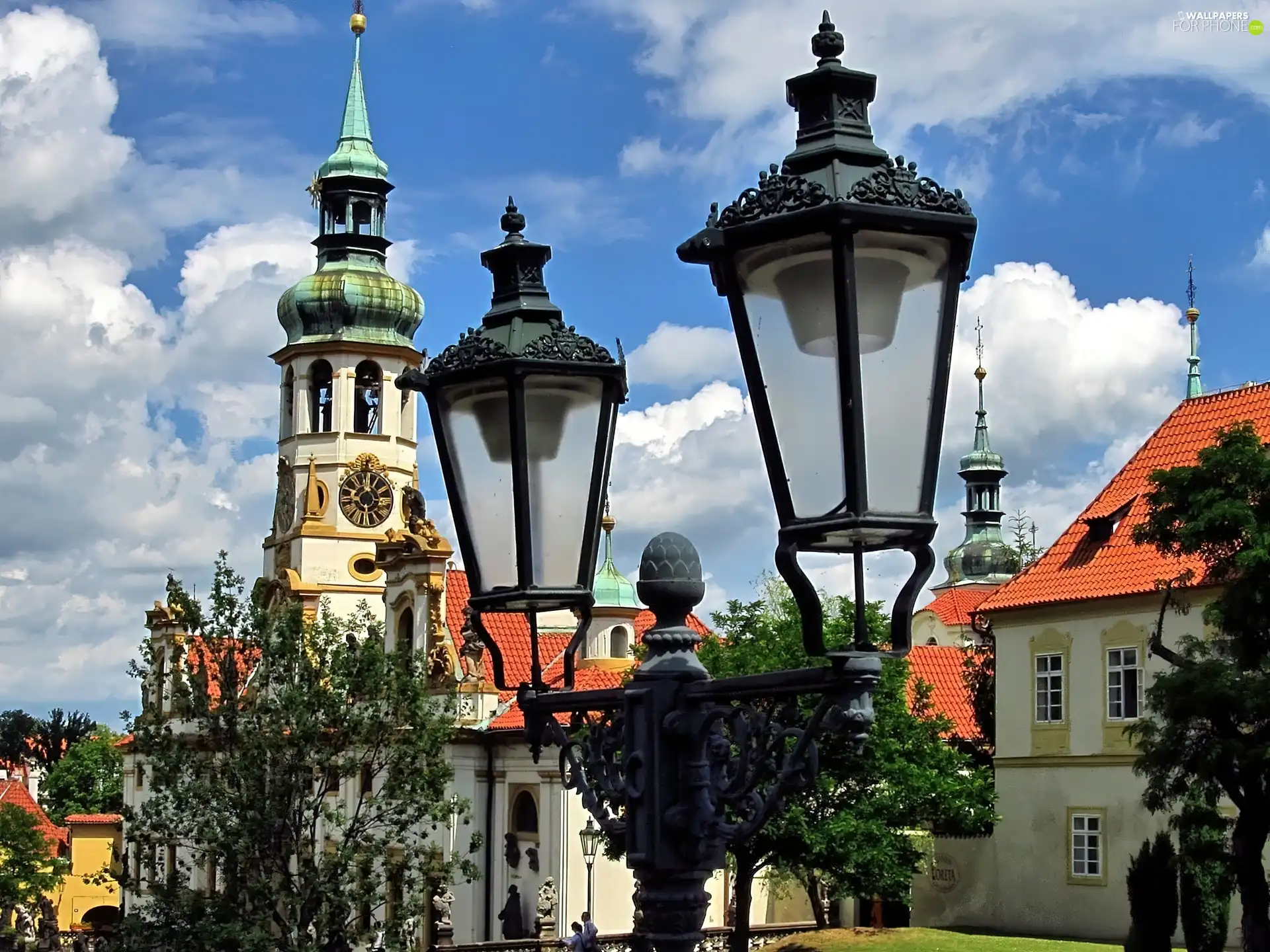 Lighthouse, Church, viewes, Houses, Prague, trees, clouds