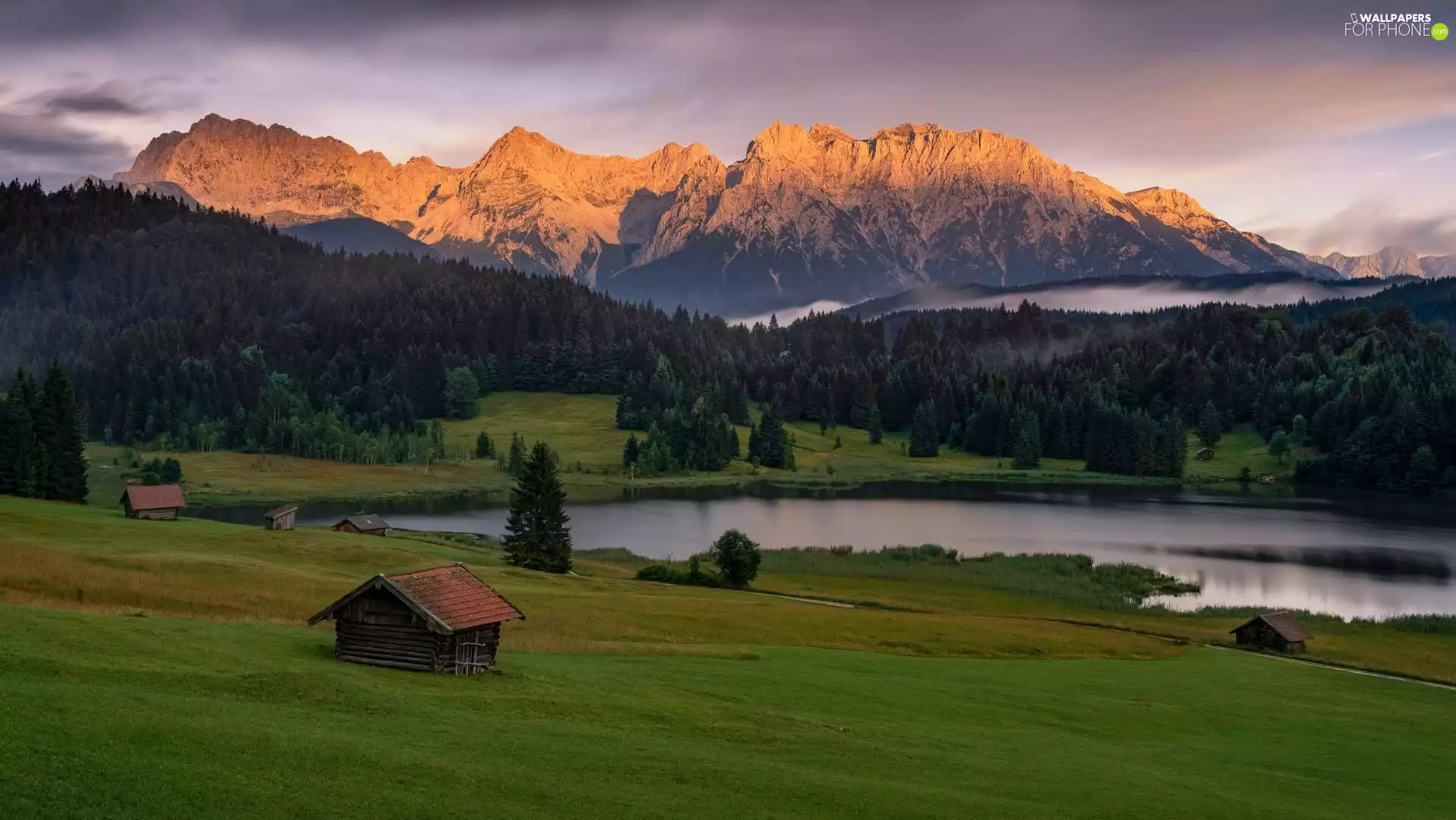 clouds, Geroldsee Lake, trees, Bavaria, viewes, Karwendel Mountains, woods, Germany, Krun City, Houses