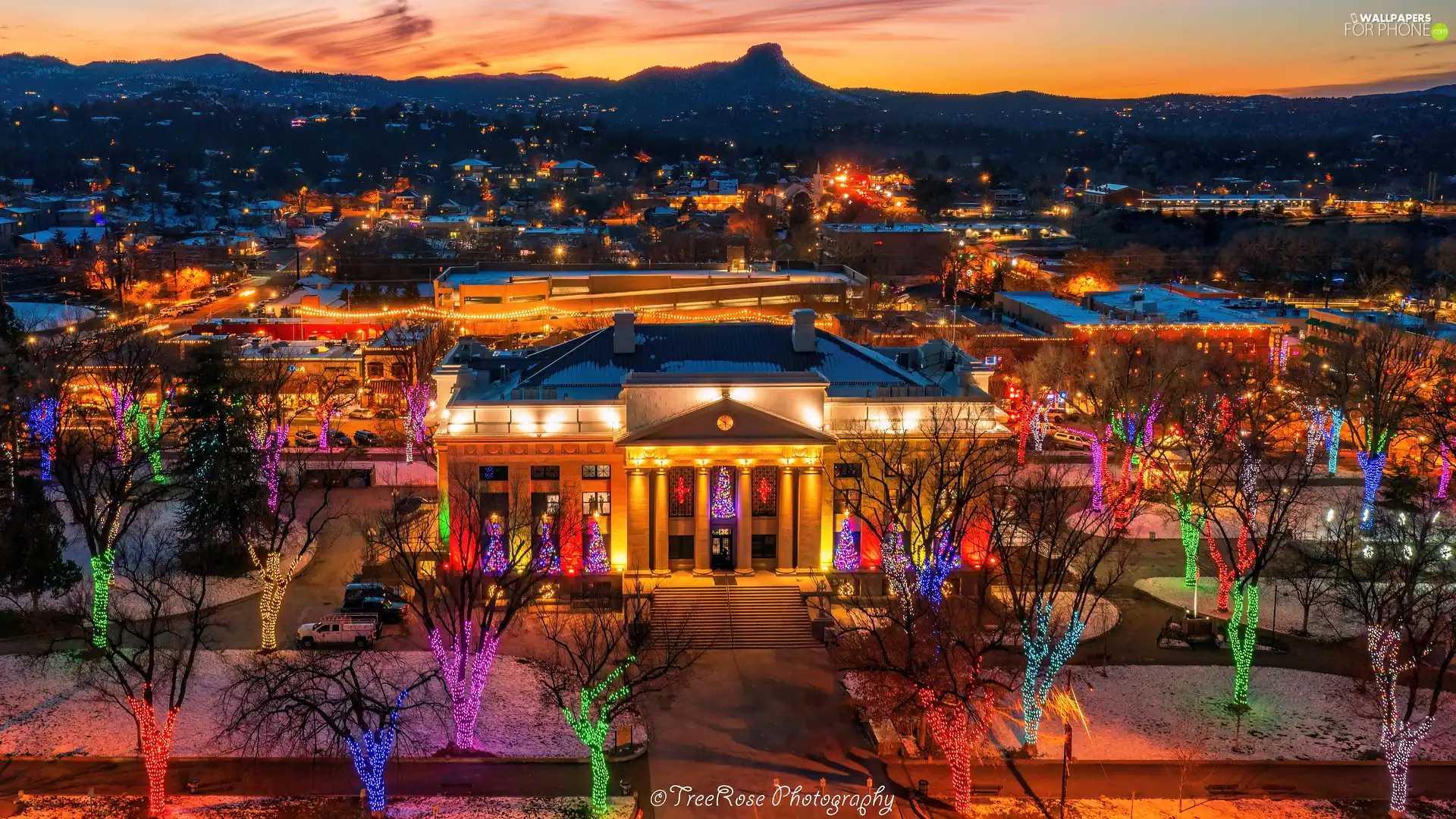 trees, viewes, The United States, Houses, Arizona, illuminated, Houses, Prescott