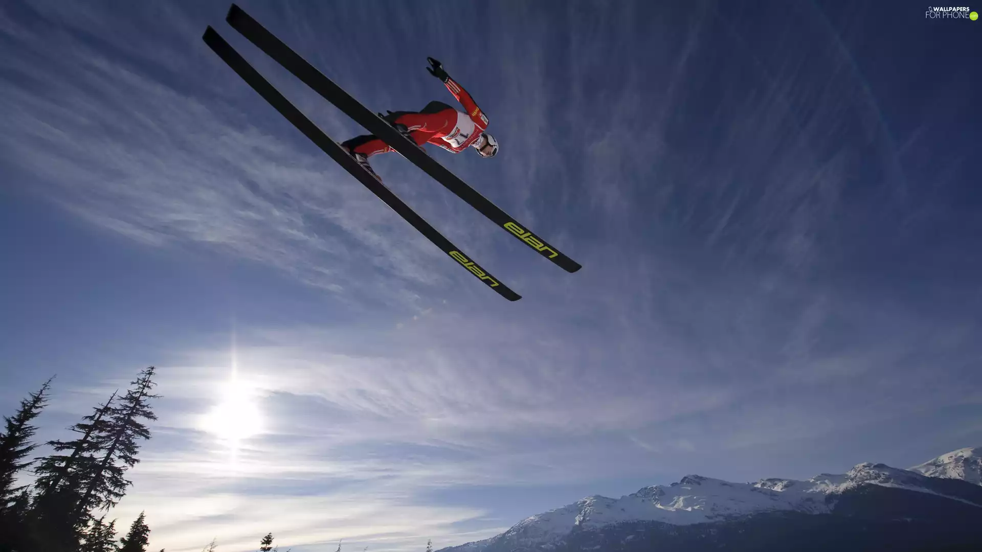 Sky, Ski Jumping, trees, viewes, Mountains, jumper