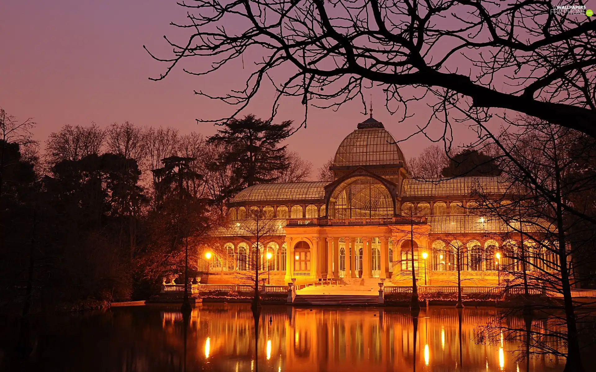 light, palace, viewes, Madrid, trees, Pond - car