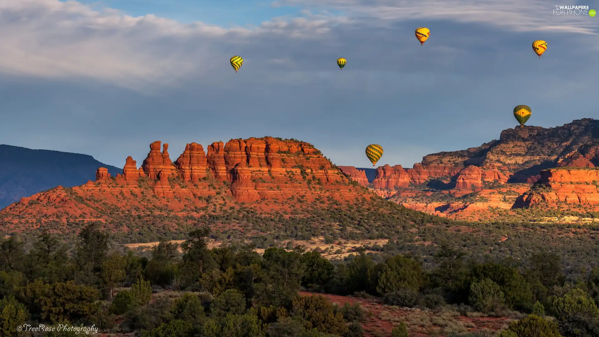 trees, viewes, The United States, Balloons, Arizona, Mountains, rocks, Sedona