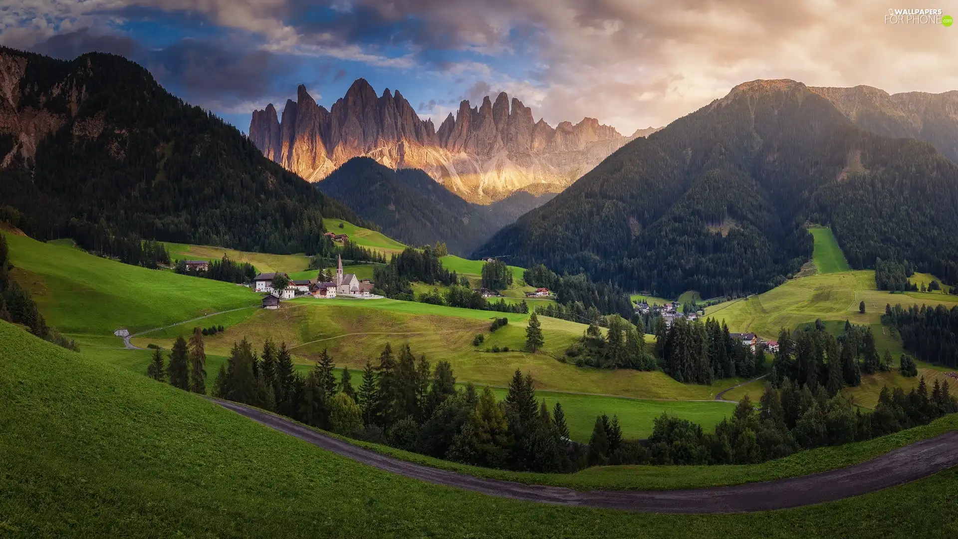 Mountains, Italy, woods, Dolomites, viewes, clouds, Church, Val di Funes Valley, Village of Santa Maddalena, Houses, trees