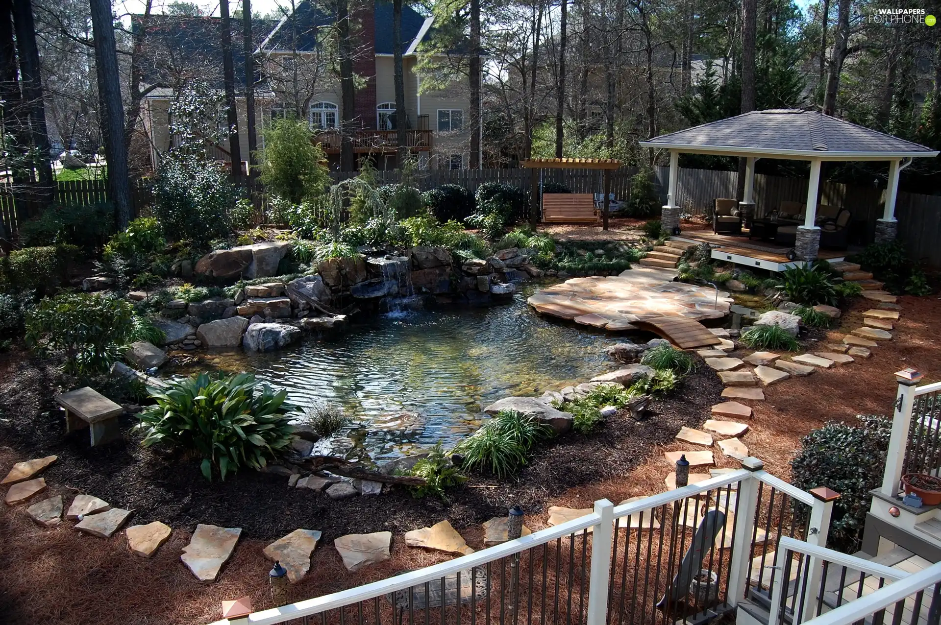 pond, house, trees, viewes, arbour, Garden