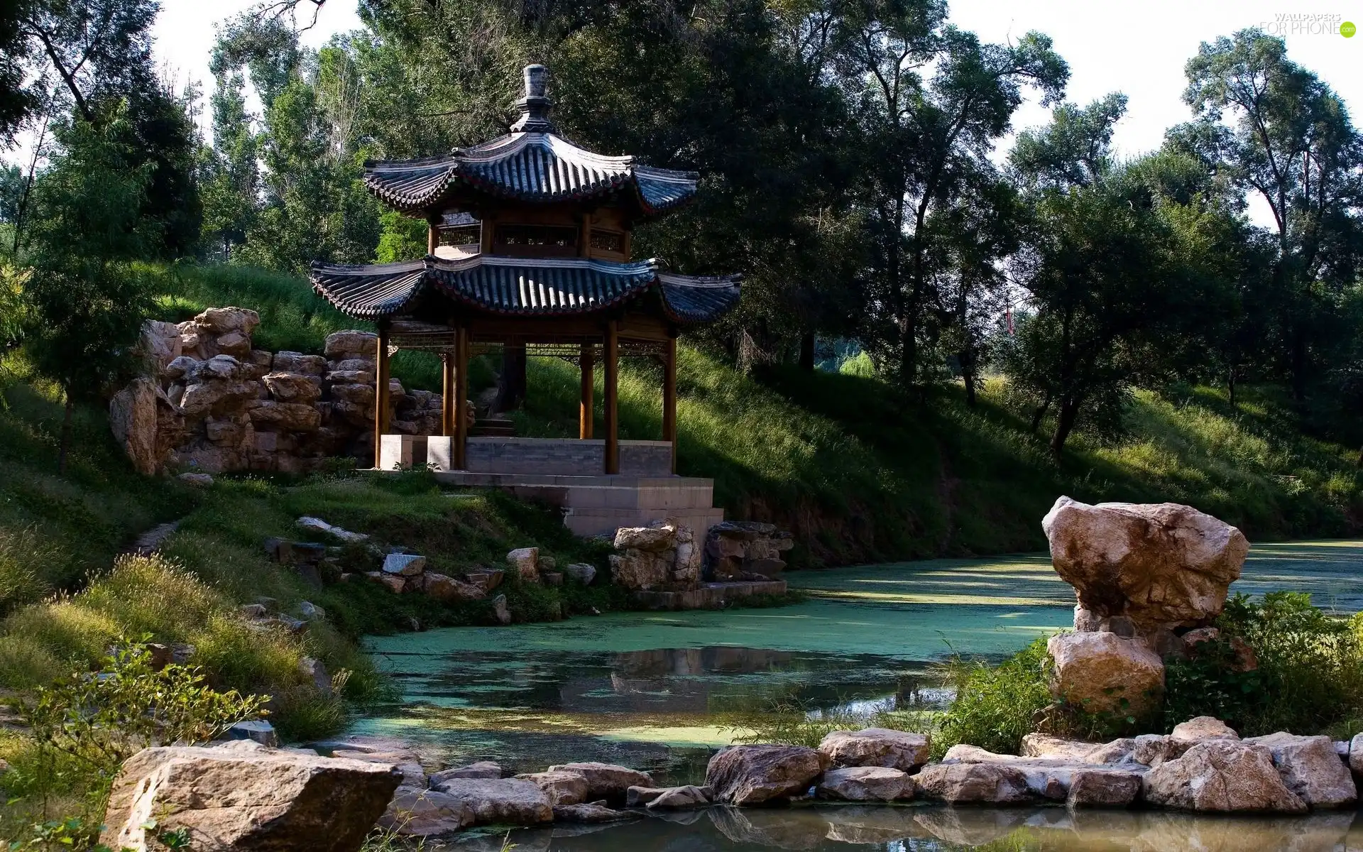 trees, Park, Pond - car, Stones, viewes, arbour