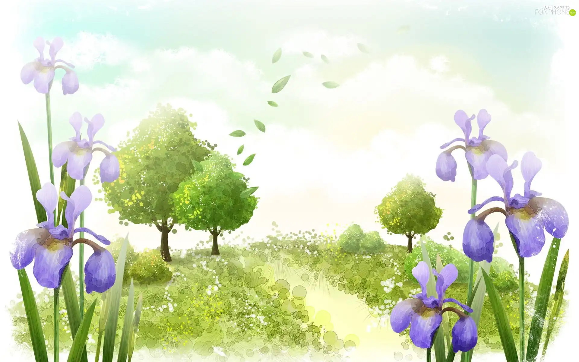 trees, viewes, Irises, Meadow, Flowers