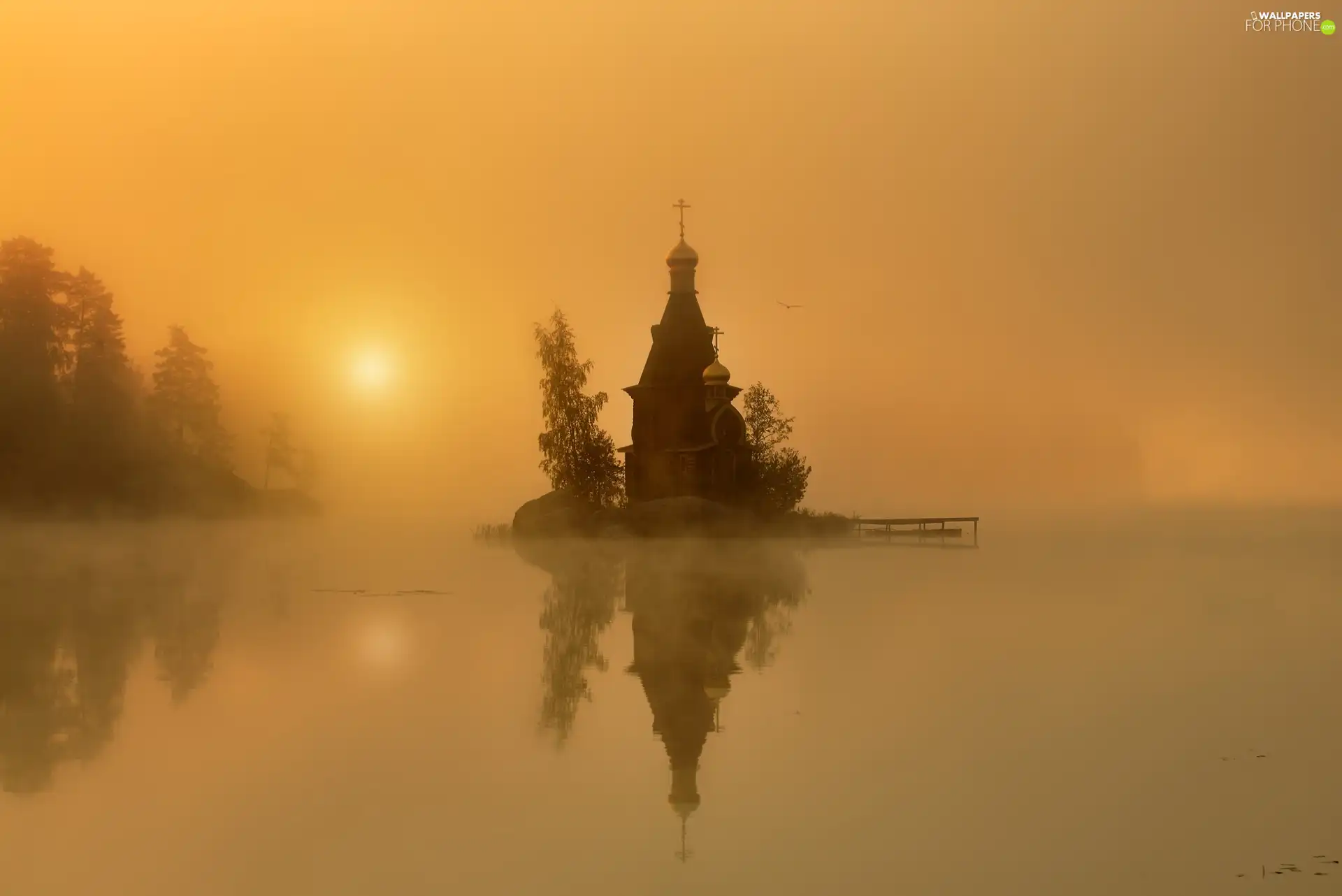 lake, Cerkiew, trees, viewes, Fog, Island