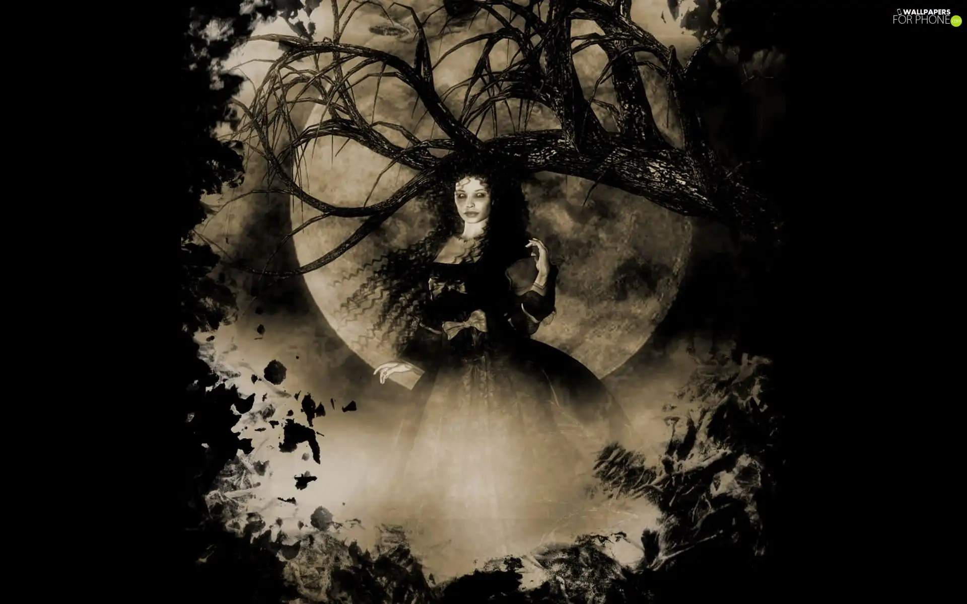 trees, viewes, Women, moon, graphics