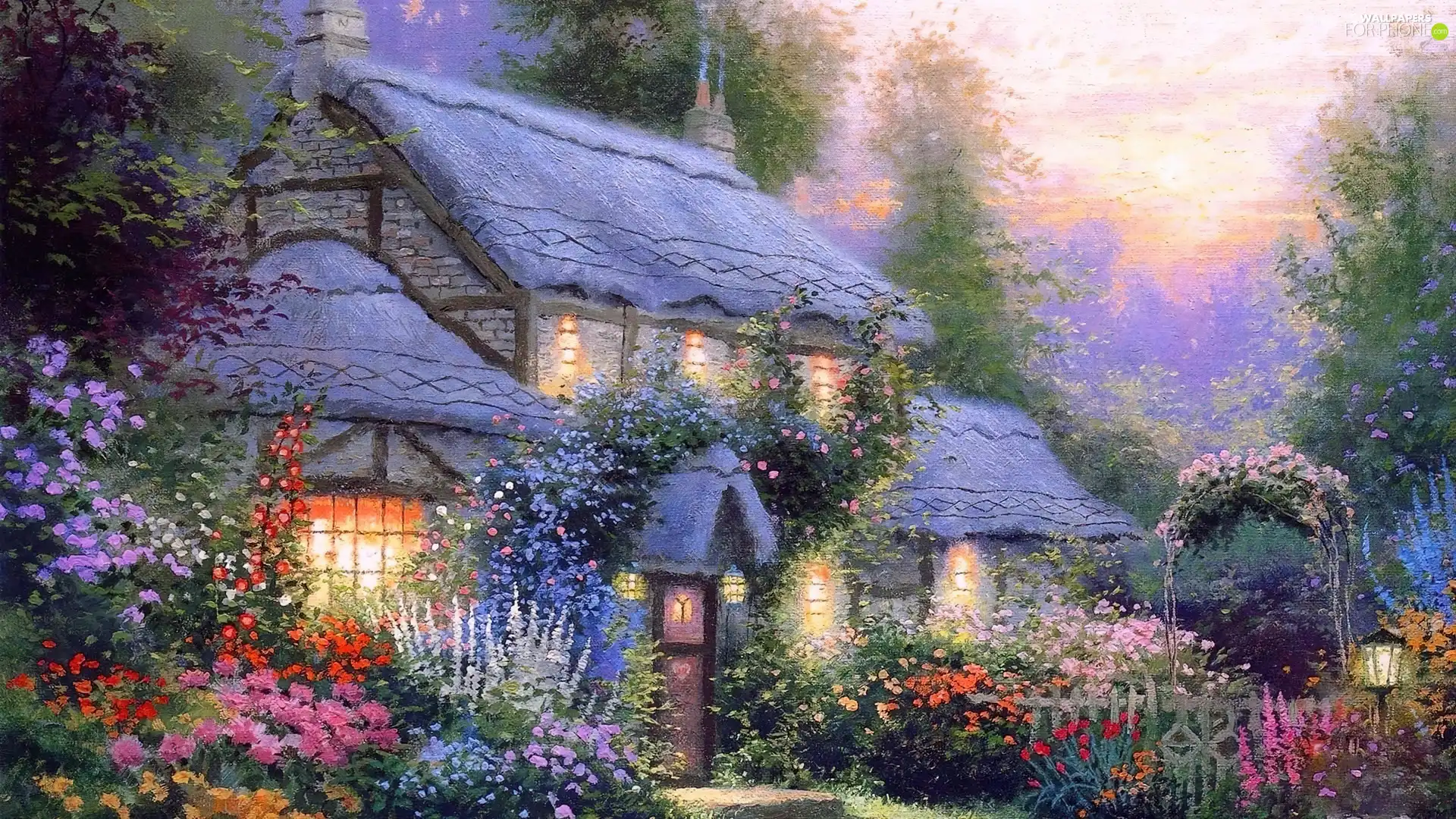 trees, Garden, picture, Flowers, house, viewes, Thomas Kinkade