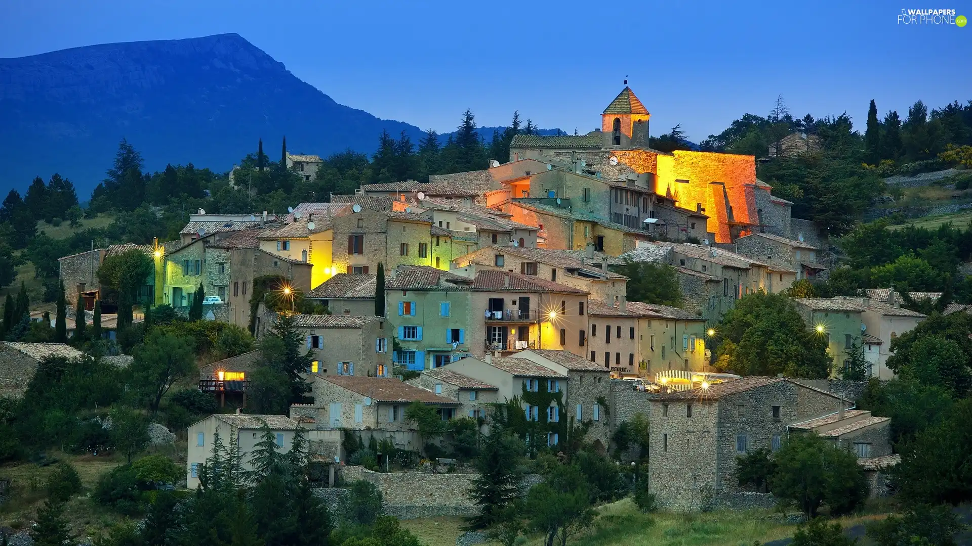 trees, viewes, Houses, Mountains, illuminated