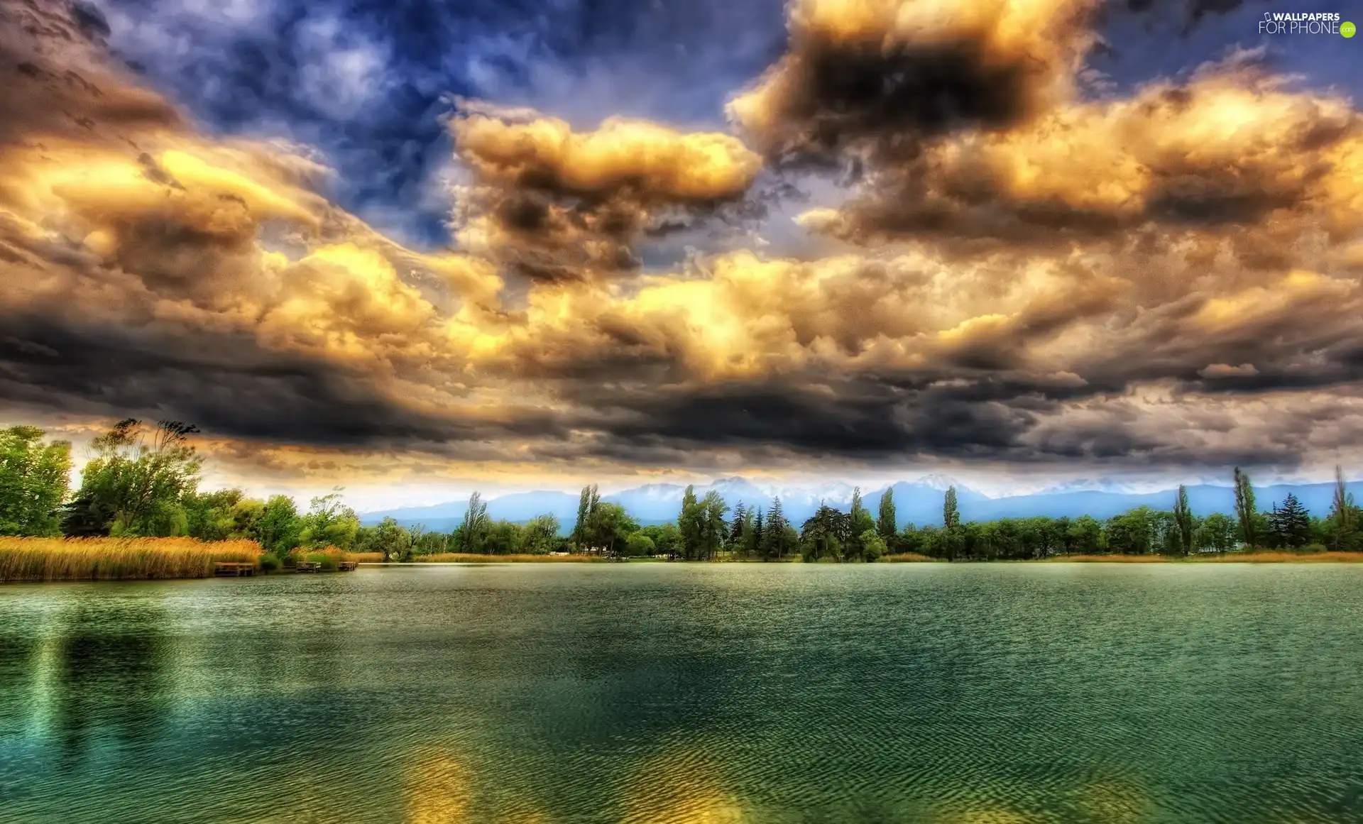 clouds, west, trees, viewes, lake, sun