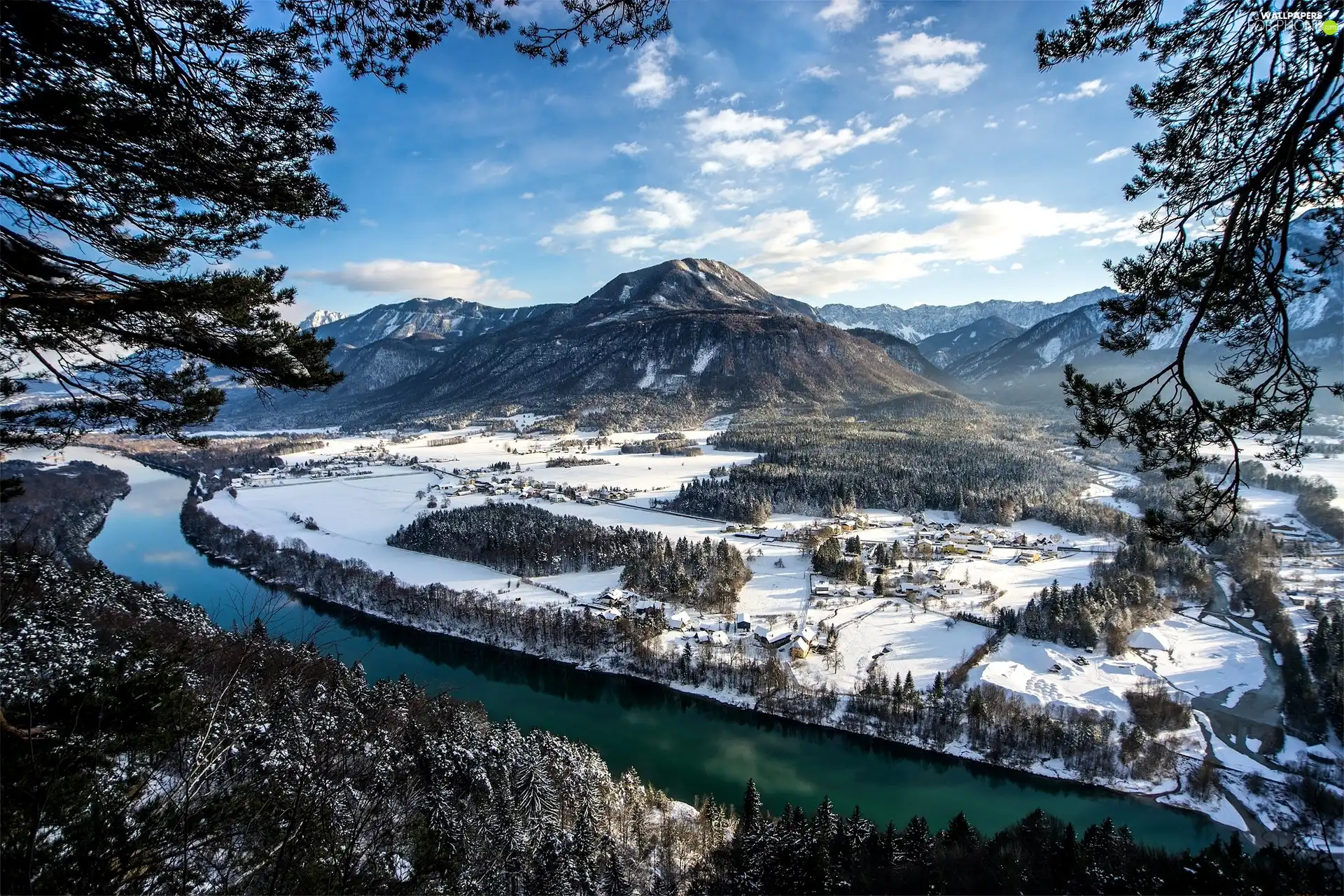 trees, viewes, River, winter, Mountains