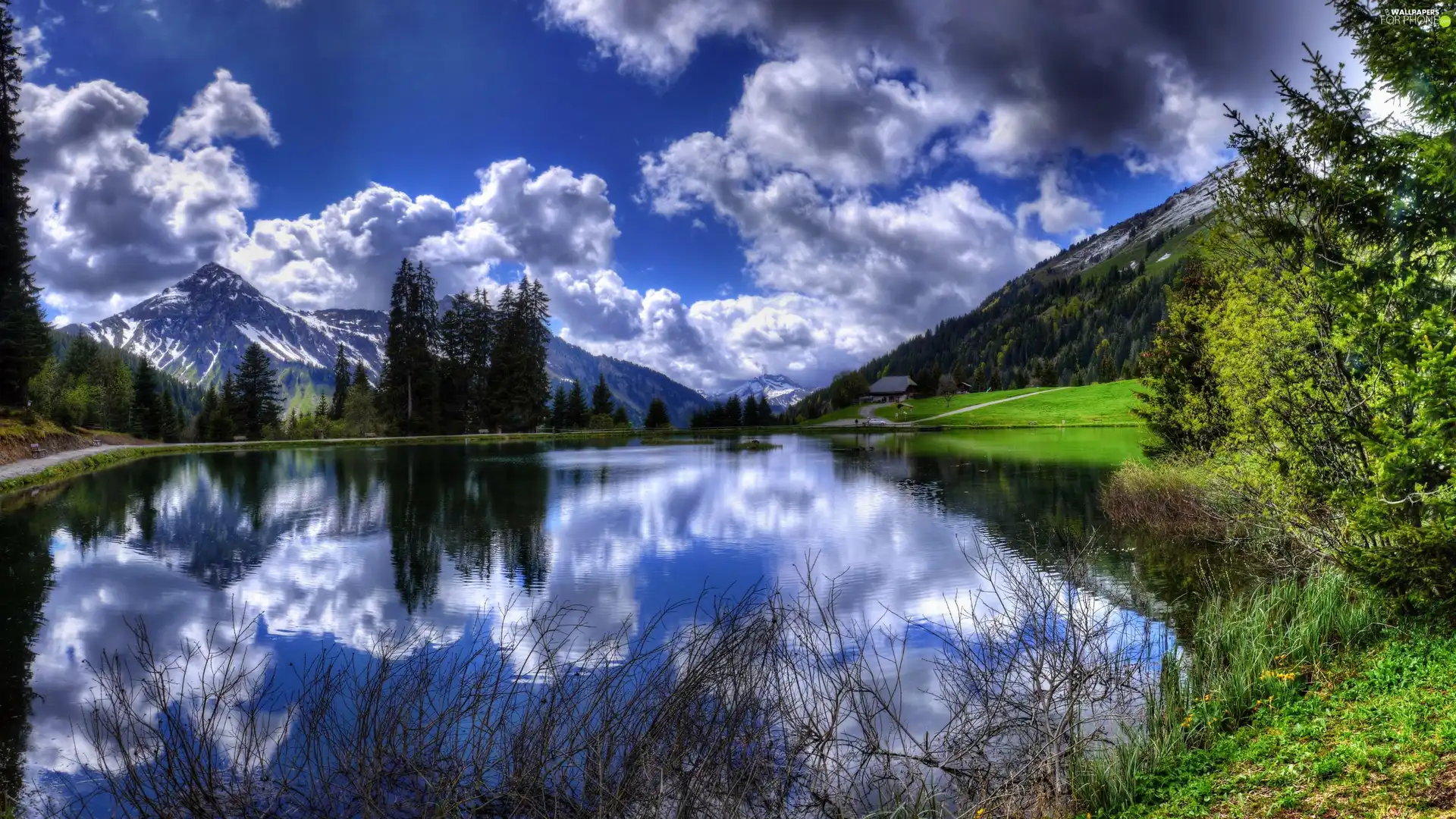 lake, clouds, trees, viewes, reflection, Mountains