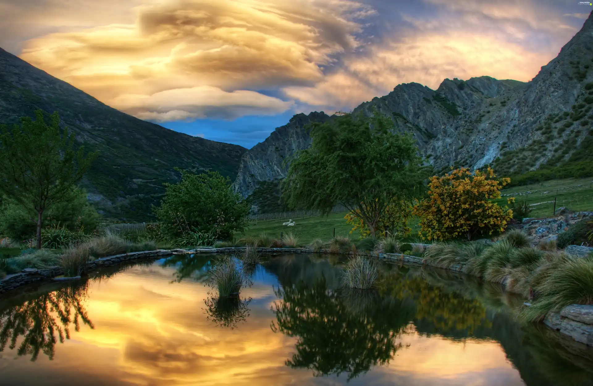 ligh, lake, viewes, flash, reflection, Mountains, trees, luminosity, sun, Przebijające