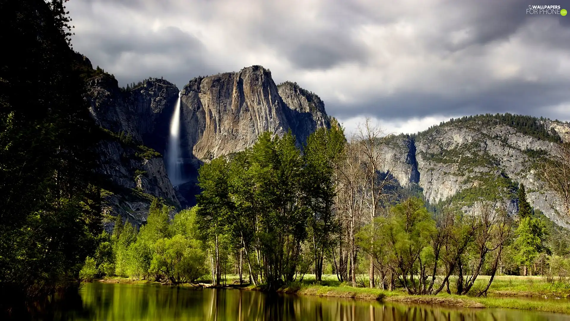 trees, viewes, waterfall, lake, rocks