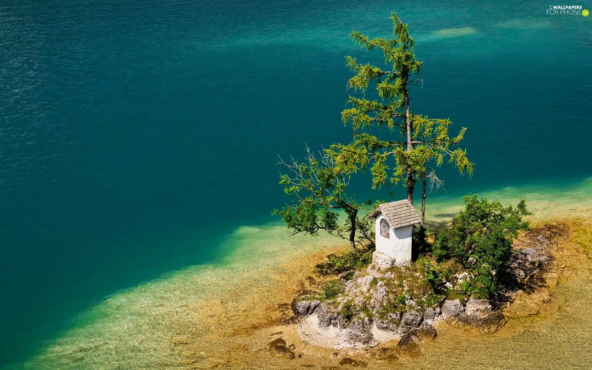 trees, viewes, Islet, chapel, sea