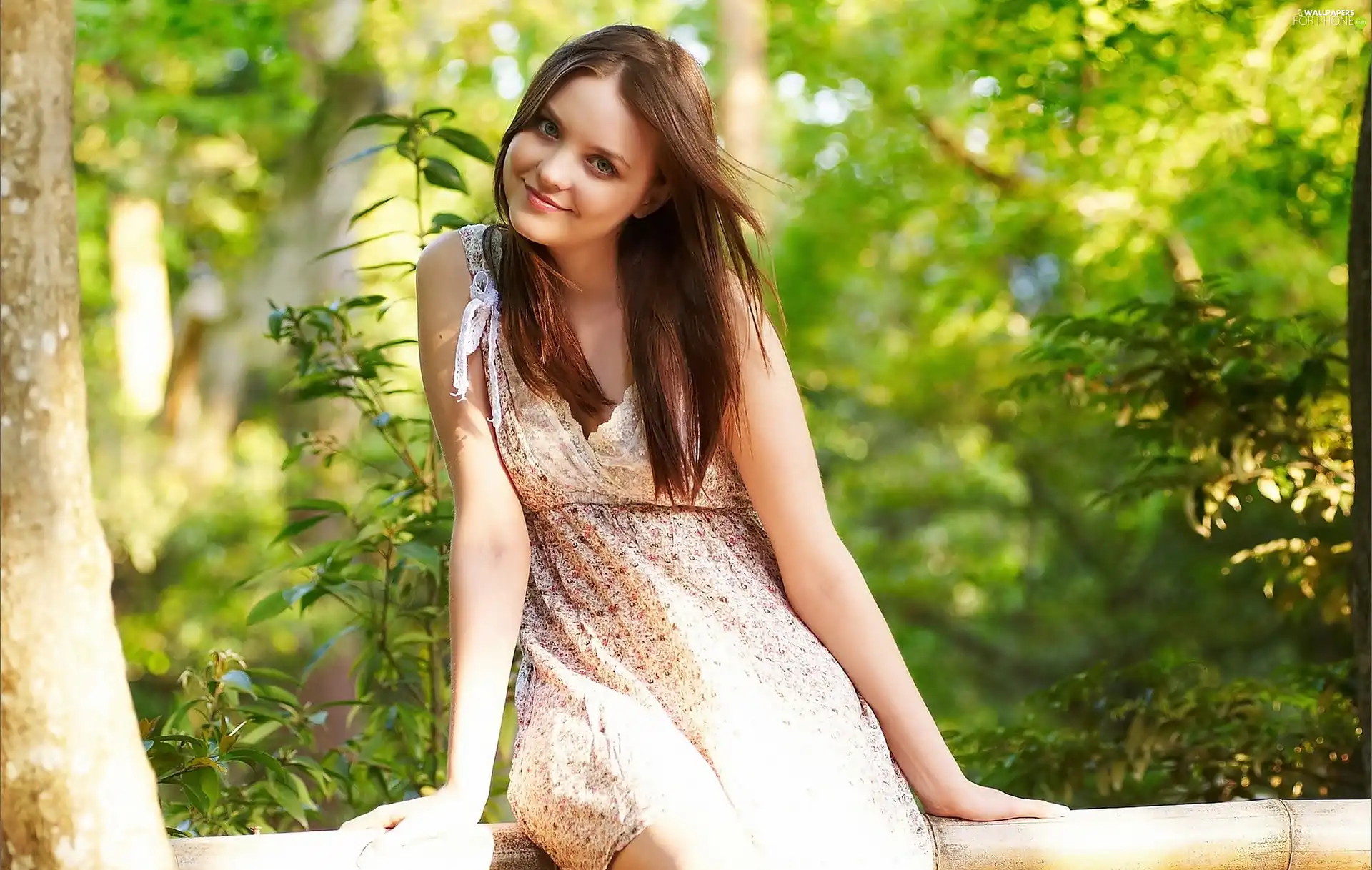 forest, smiling, viewes, Amelie Emily, trees, girl