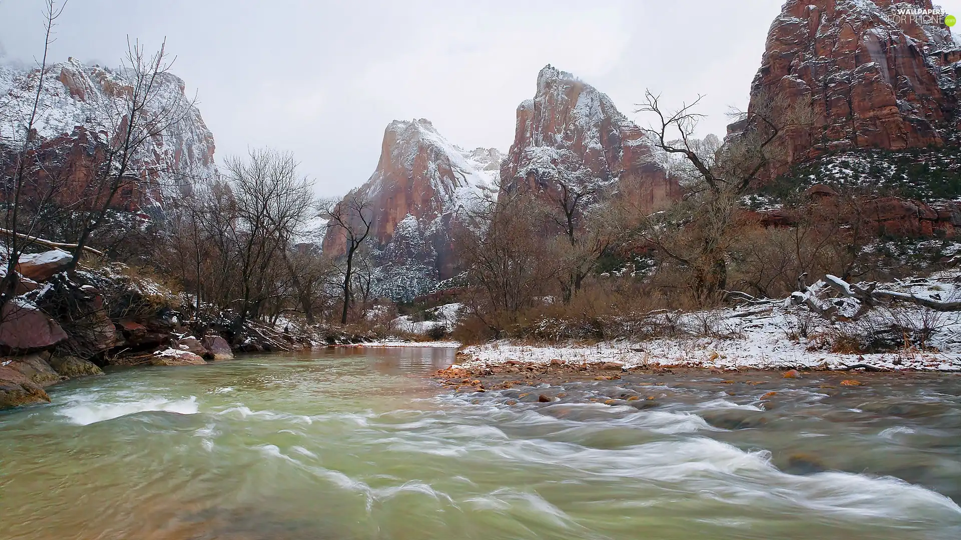 trees, viewes, rocks, River, Snowy