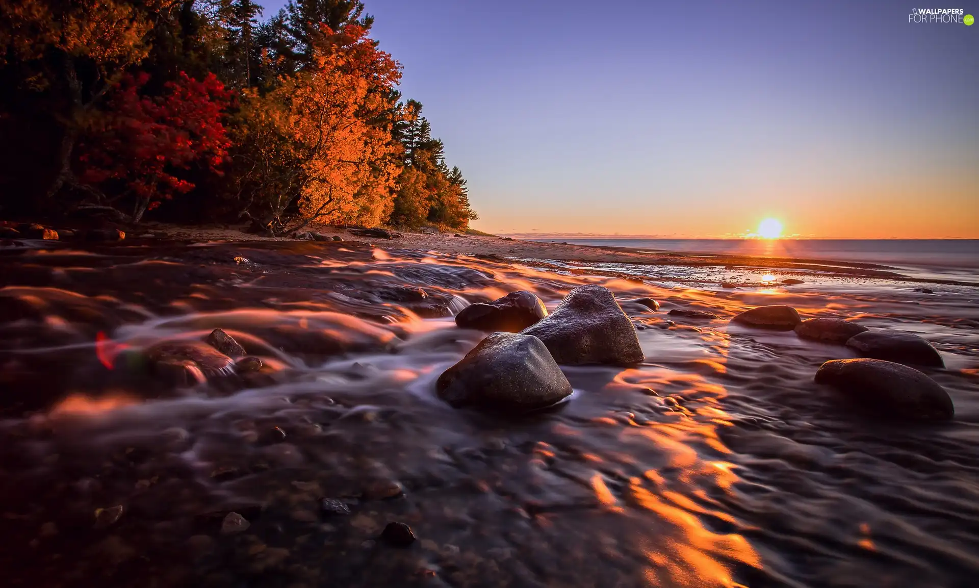 west, sea, trees, viewes, sun, Stones