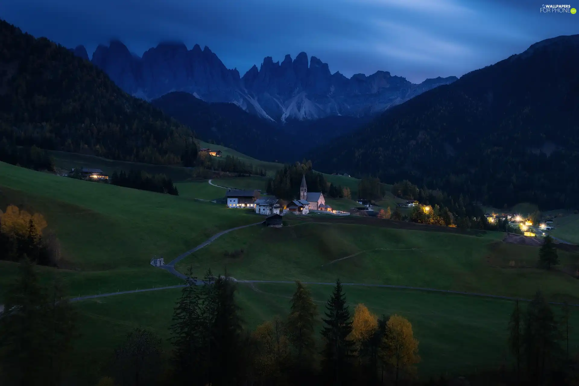 Mountains, Italy, woods, Dolomites, viewes, twilight, Church, Village of Santa Maddalena, Val di Funes Valley, Houses, trees