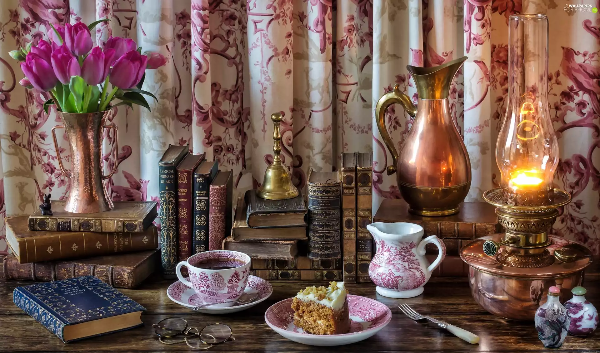 Tulips, Vase, Books, jug, cake, Lamp, cup, coffee, jug