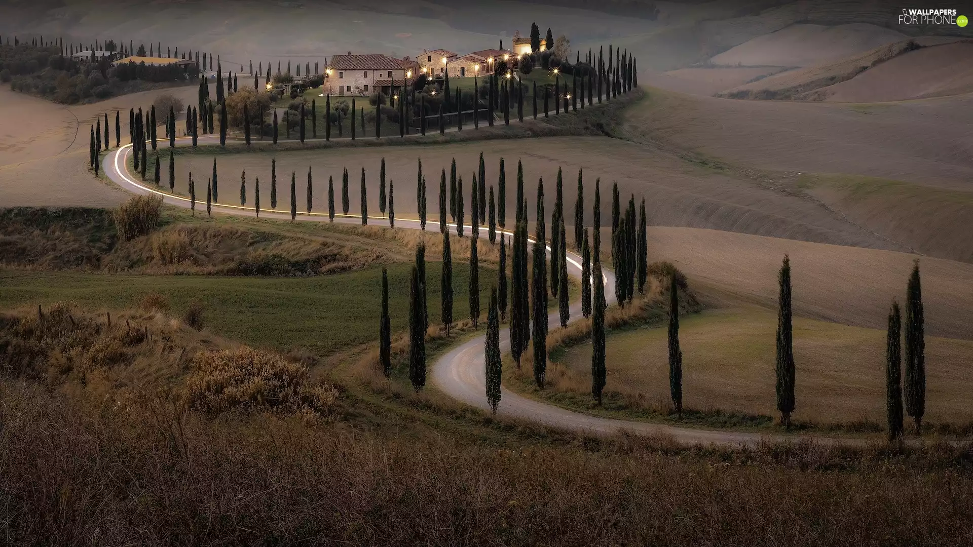 Tuscany, Italy, The Hills, Way, house, field, viewes, cypresses, trees