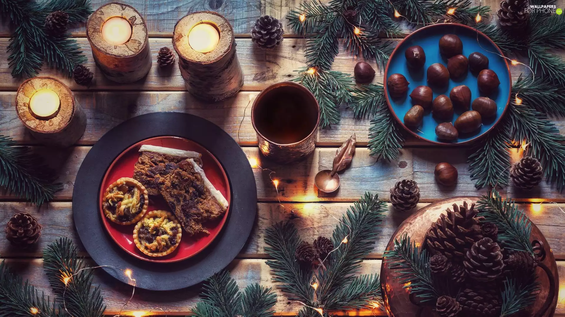 Plates, cones, Cup, chestnuts, Cookies, candle, composition, Twigs