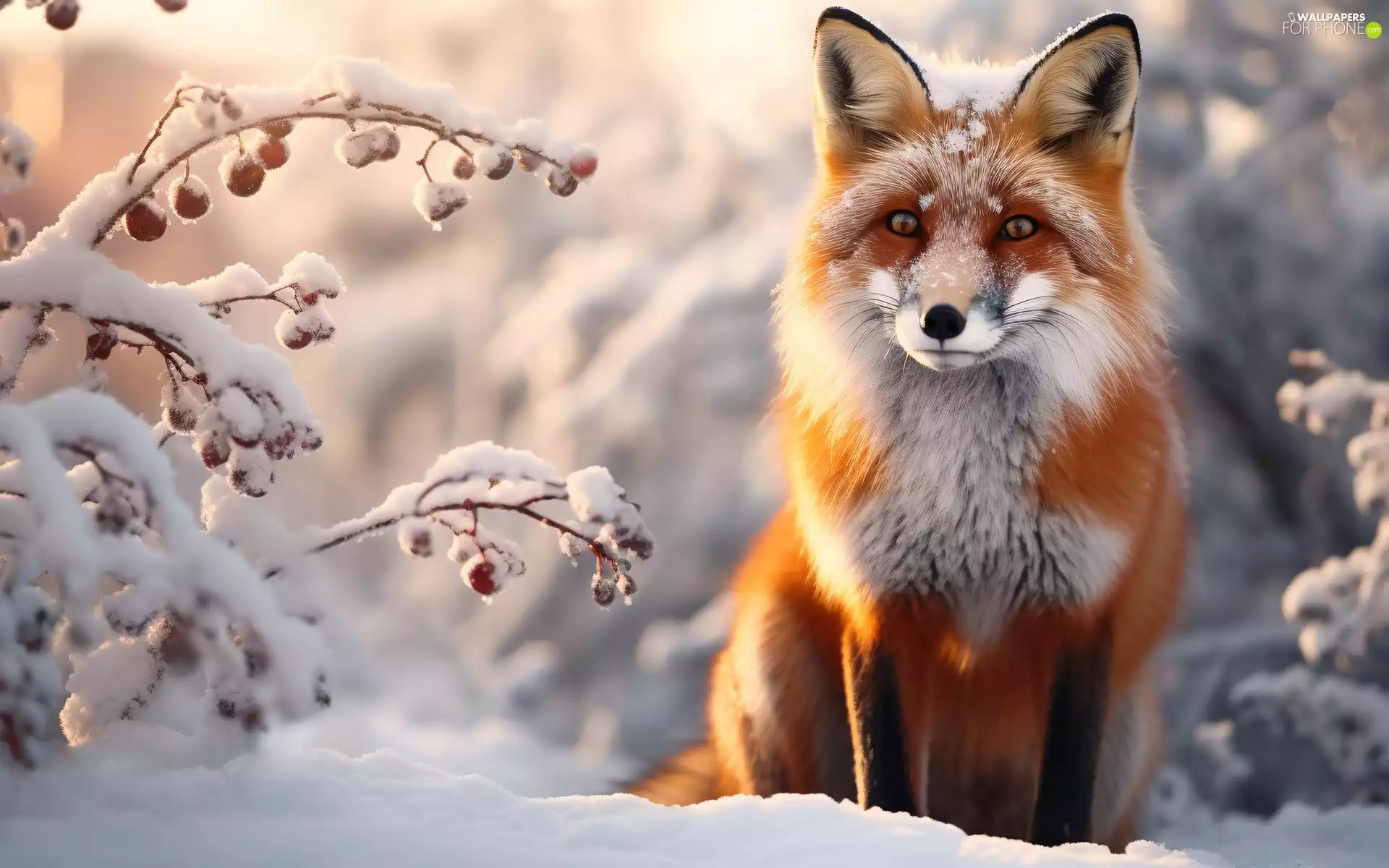 Fox, winter, Snowy, Twigs, snow, sitter
