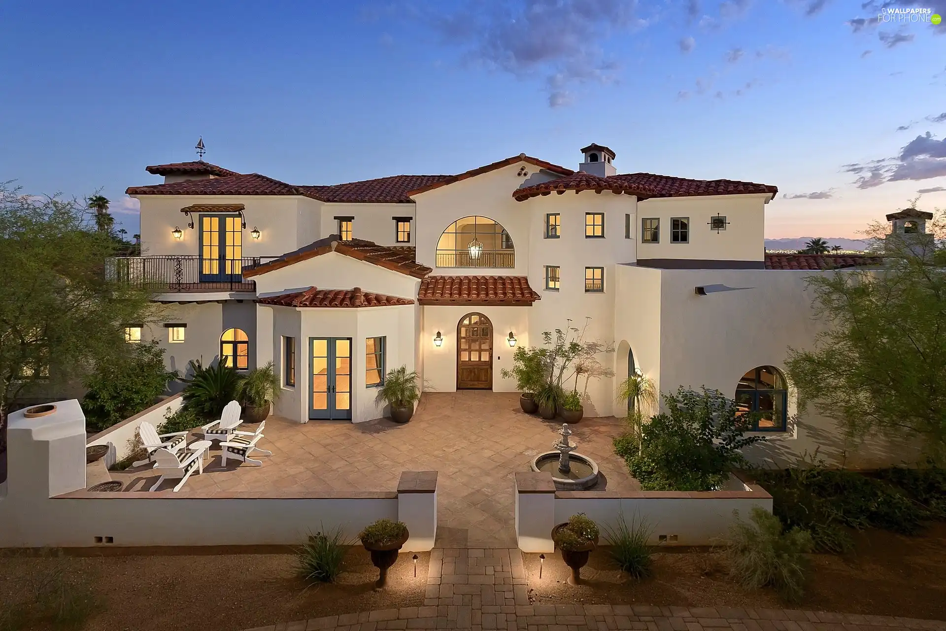 Floodlit, villa, twilight, house