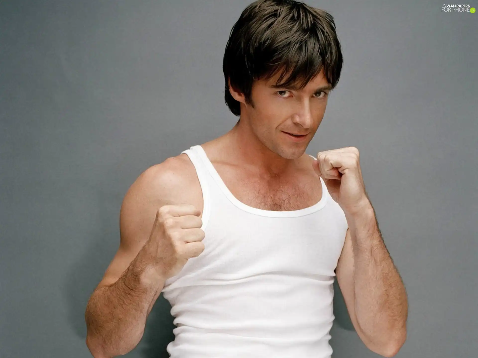 Hugh Jackman, White, under-shirt, fists