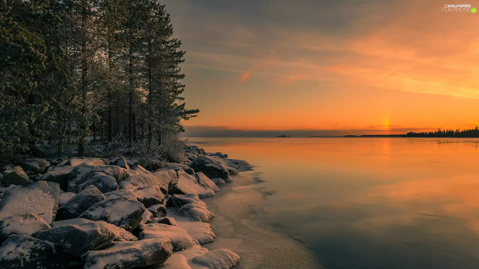 Finland, winter, viewes, Great Sunsets, trees, Vaala Commune, Oulujarvi Lake, Stones
