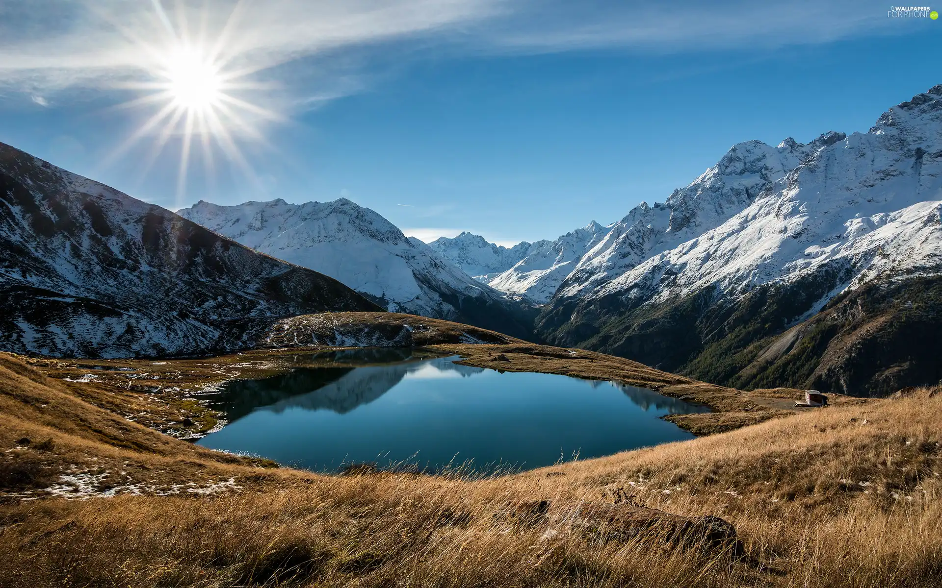 Valley, Pond - car, Mountains, snow, sun