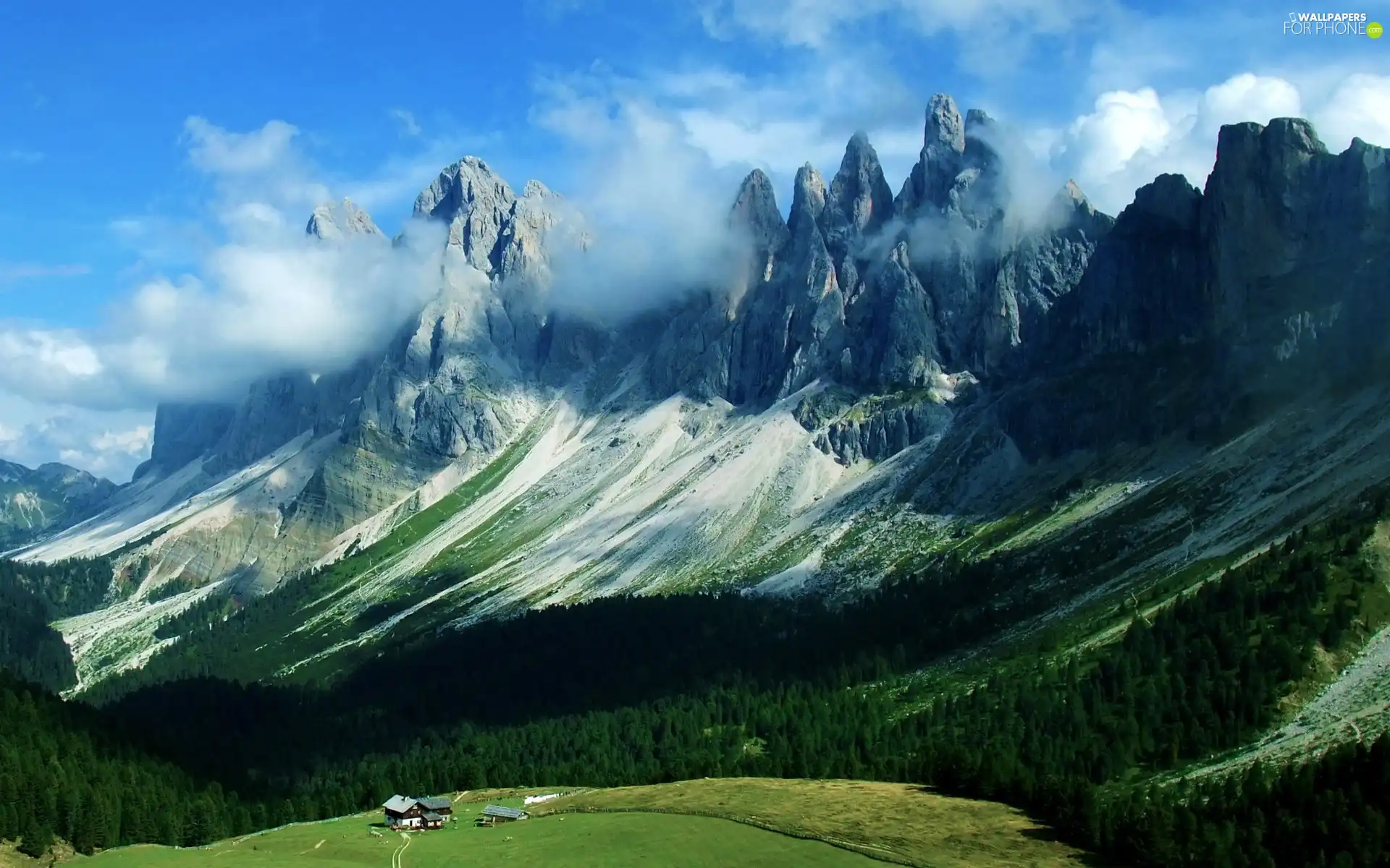 Mountains, forest, Valley, clouds