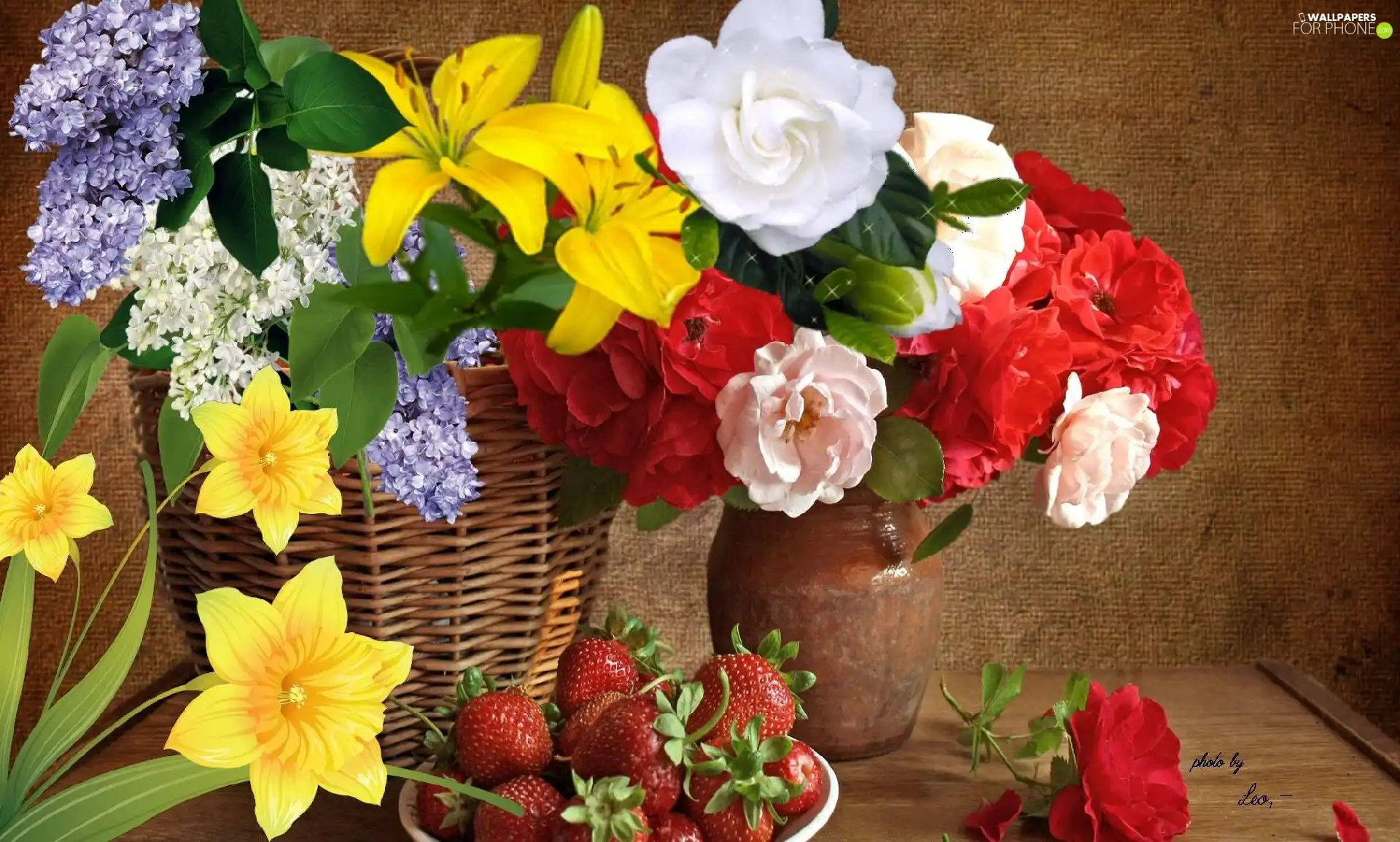 Flowers, basket, Vase, strawberries