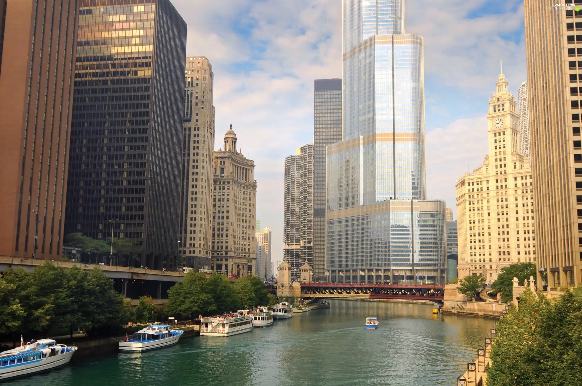 vessels, Tour, skyscrapers, River, Town