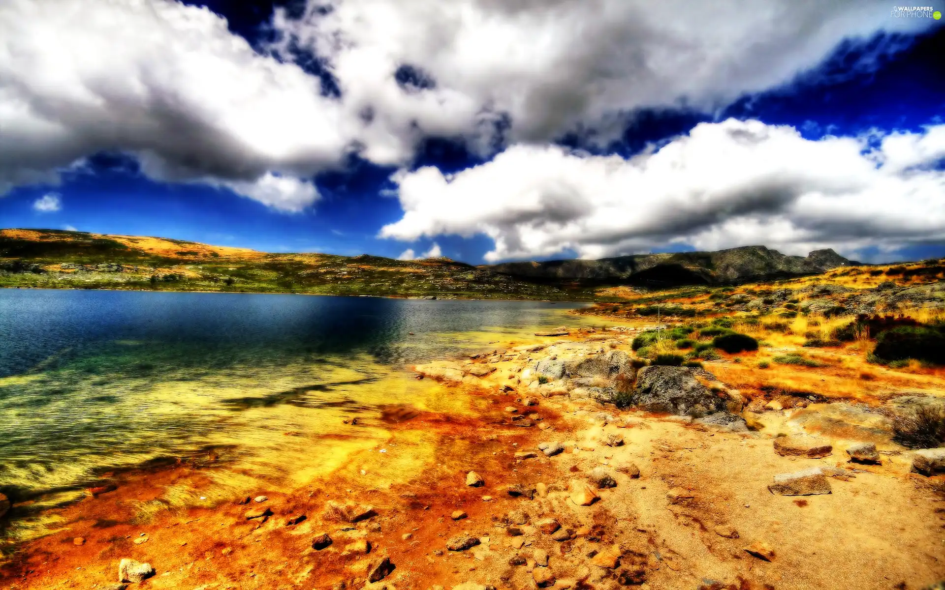 clouds, rocks, View, water