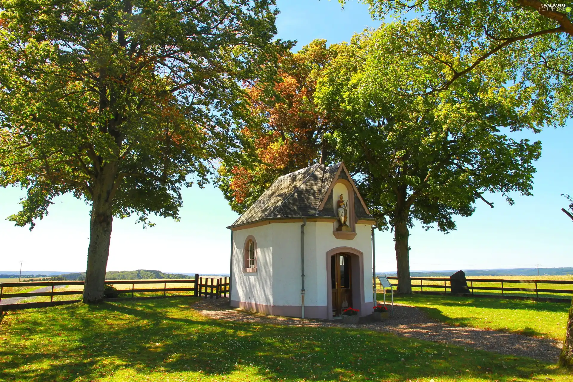 autumn, trees, viewes, chapel