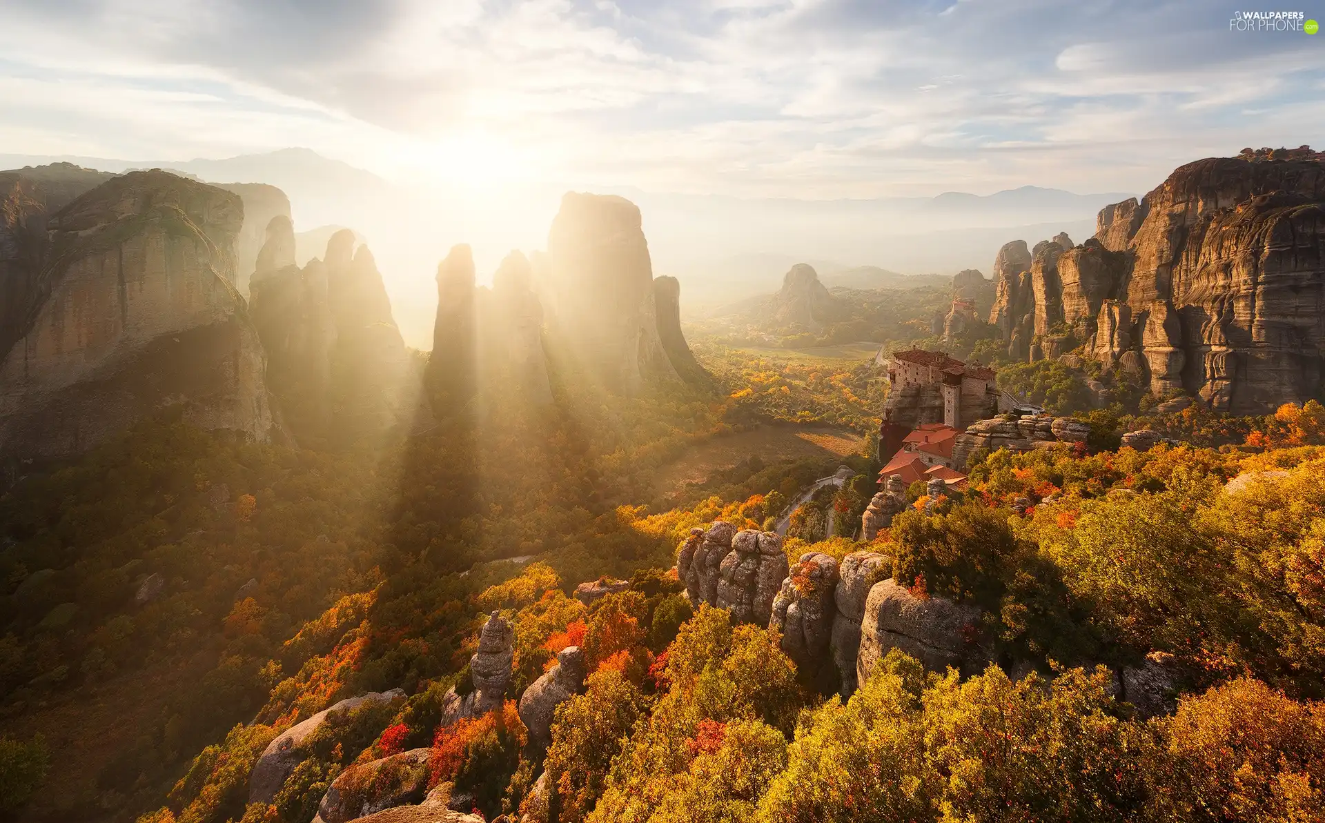 Varlaam Monastery, autumn, light breaking through sky, rocks, viewes, Massif Of Meteora, Greece, trees