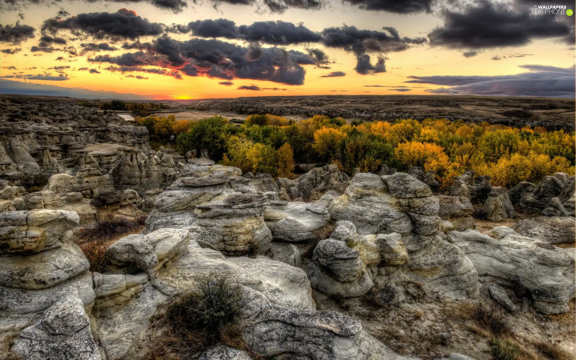 viewes, clouds, rocks, trees, Great Sunsets