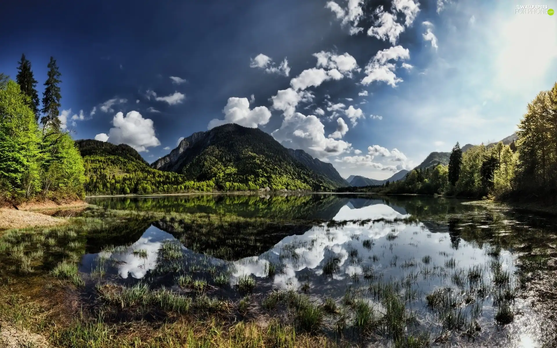 viewes, clouds, Mountains, trees, lake