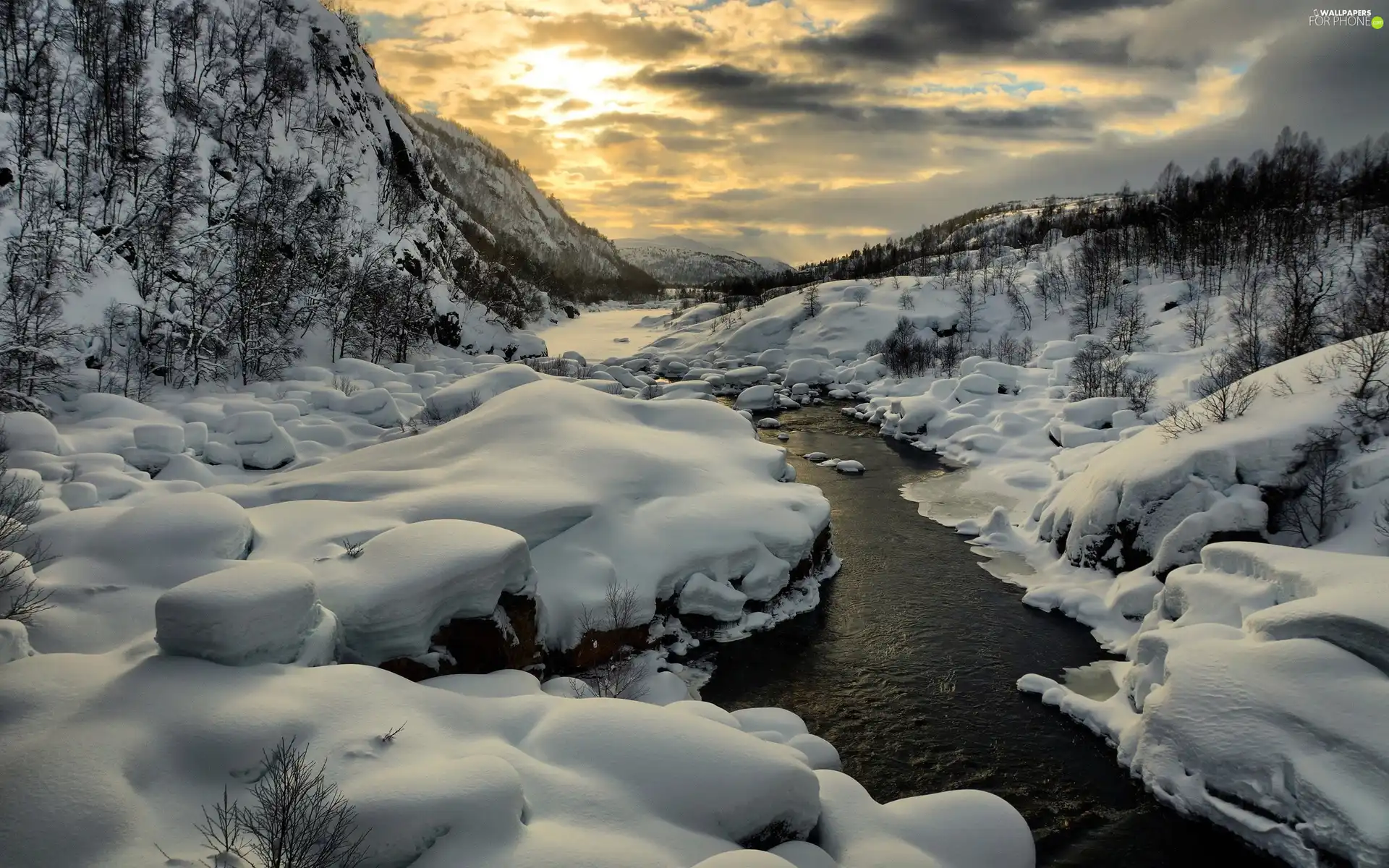 viewes, clouds, brook, trees, winter