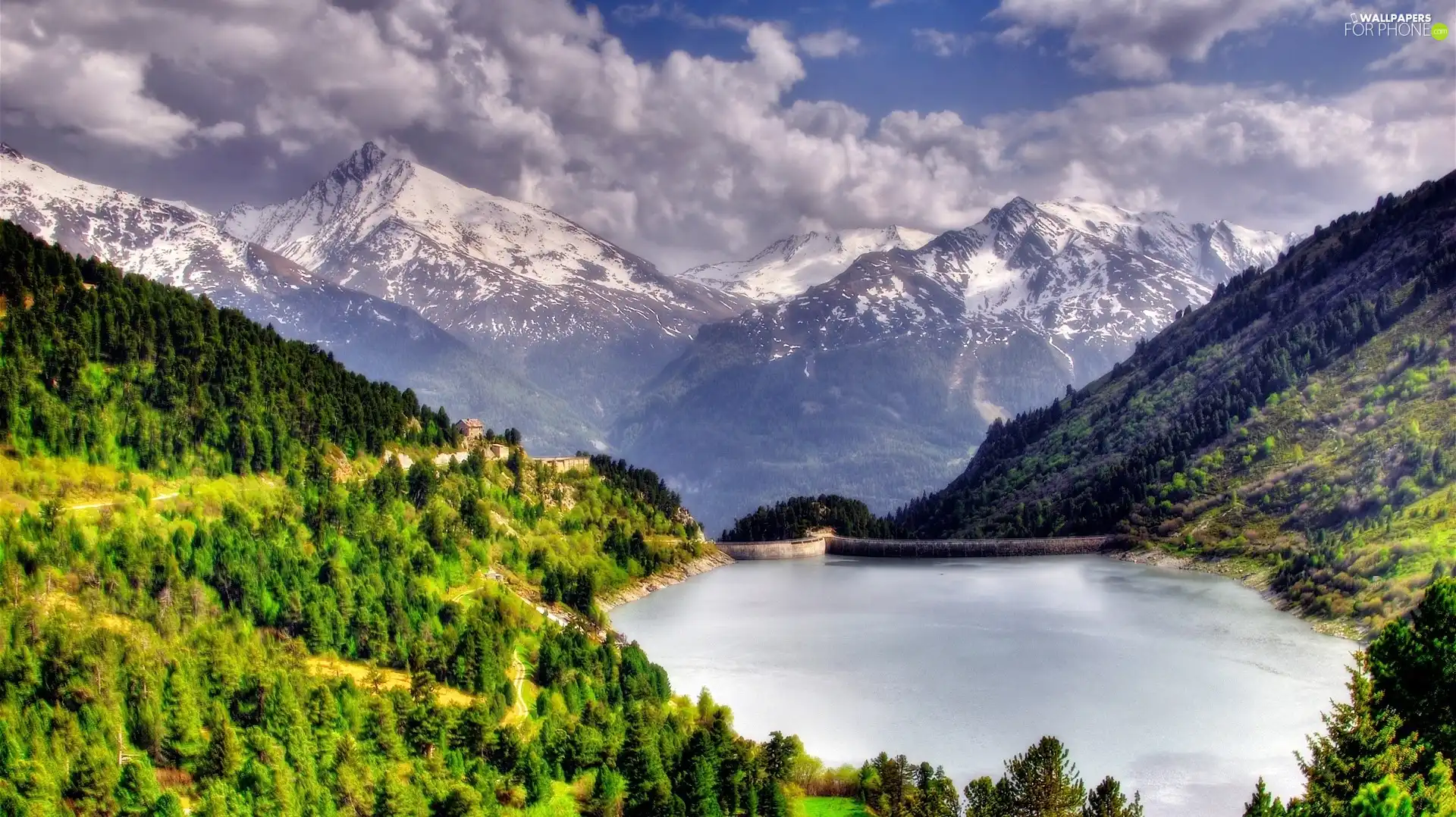 viewes, dam, lake, trees, Mountains