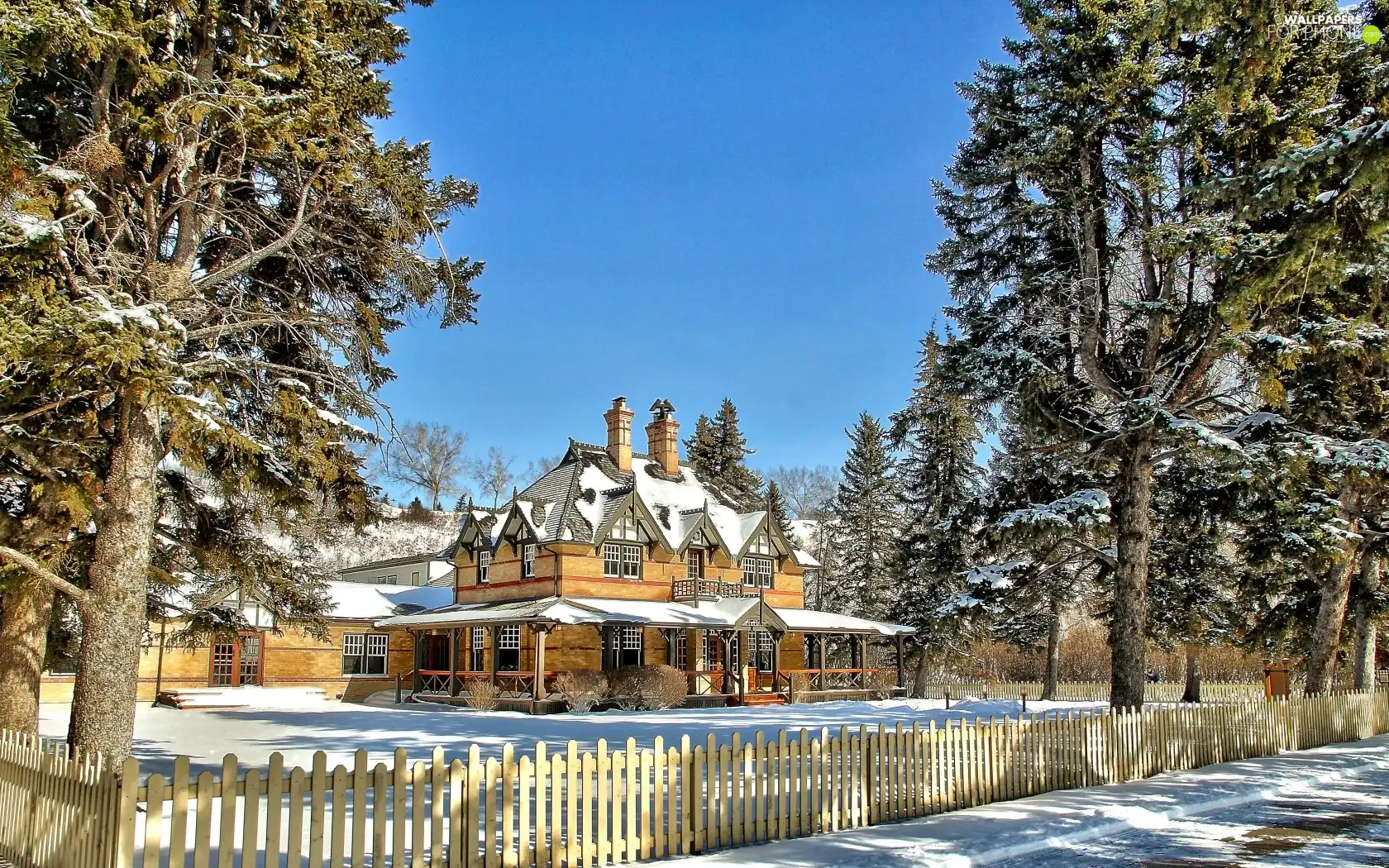 estate, winter, viewes, Fance, trees, house