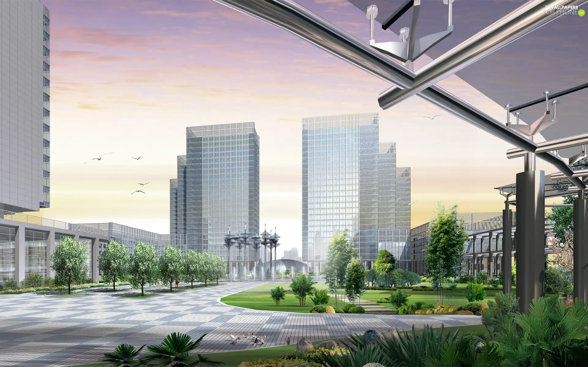 viewes, Fountains, Bush, trees, Towers