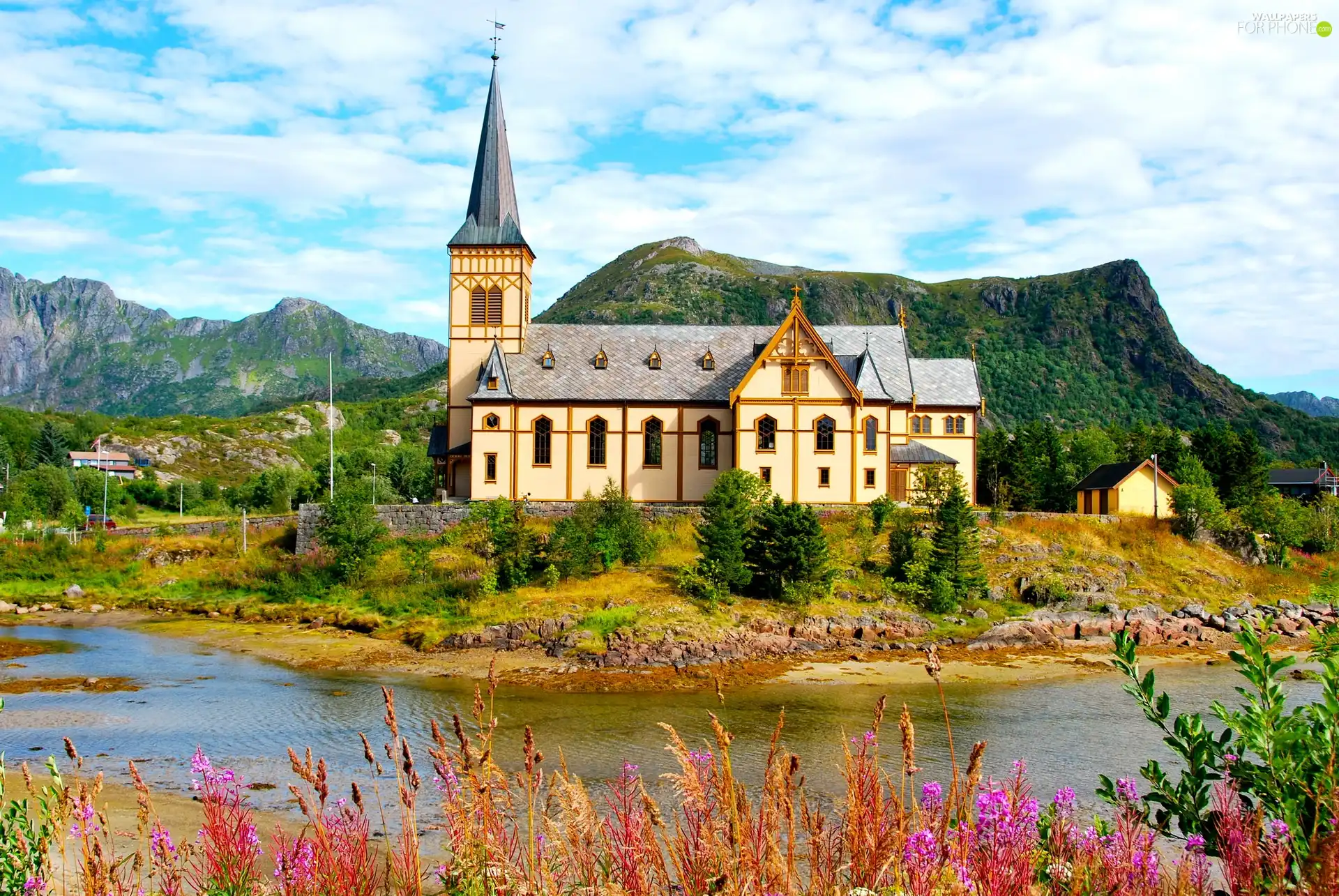 Mountains, church, viewes, grass, trees, brook